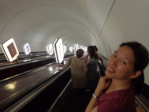 Going down to the world's deepest metro station in Kiev - the elevator trip (in 2 sections) took 4 minutes!