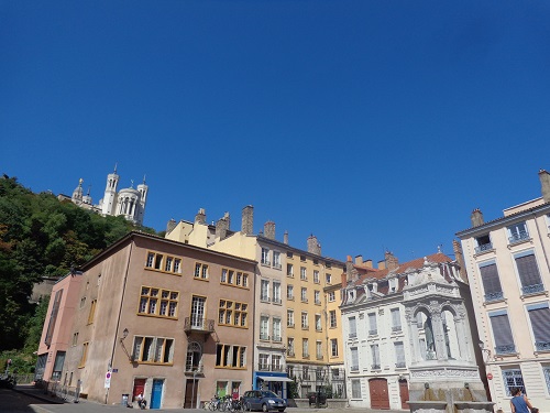 Looking up to the Notre Dame Basilica from a street corner in Vieux-Lyon. (Photo: Amy McPherson)