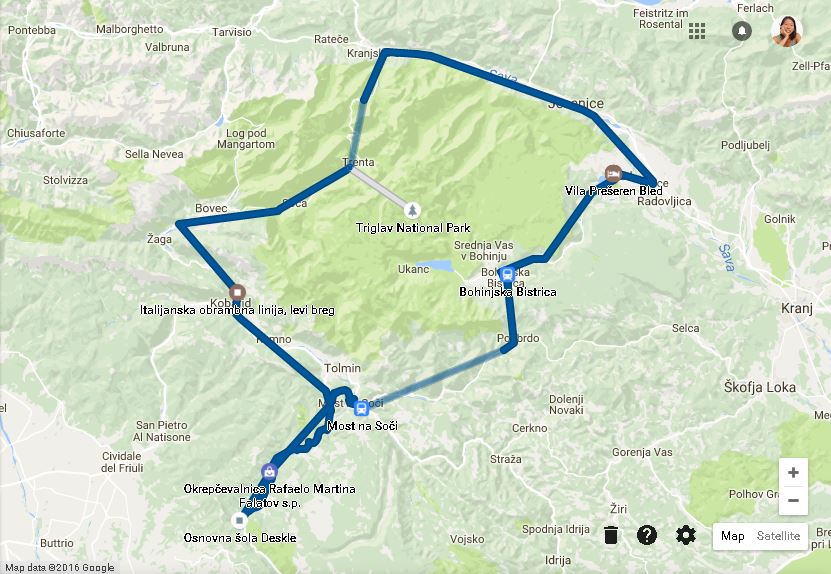 Thanks to Google here's an accurate route we took on our drive through Soca Valley! (Image source: Google Maps)