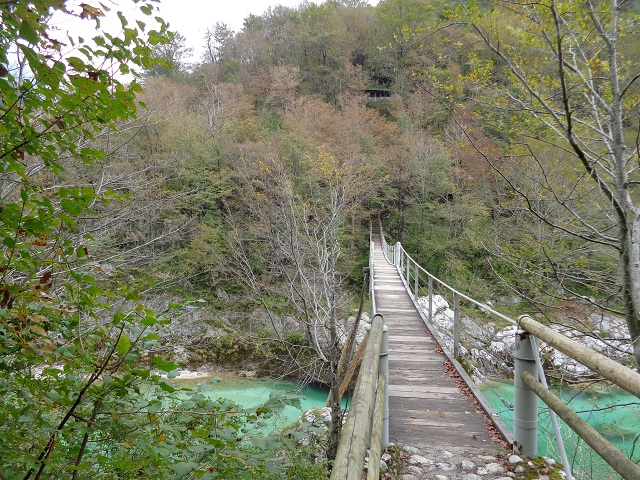One of the beautiful footbridges across the Soca river on our hike.
